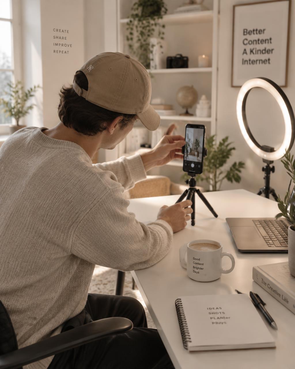 Creator in a cap setting up a video shoot, face hidden