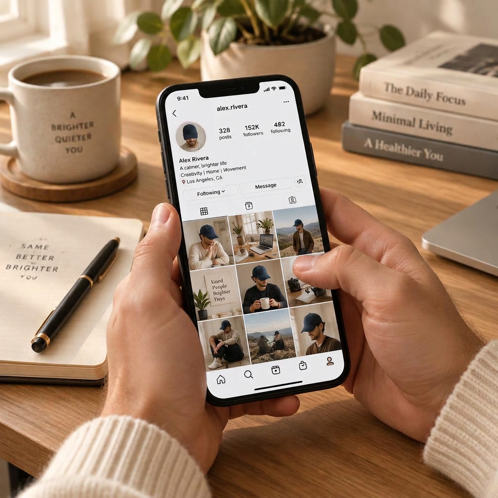 Hands scrolling a capped male creator's social profile